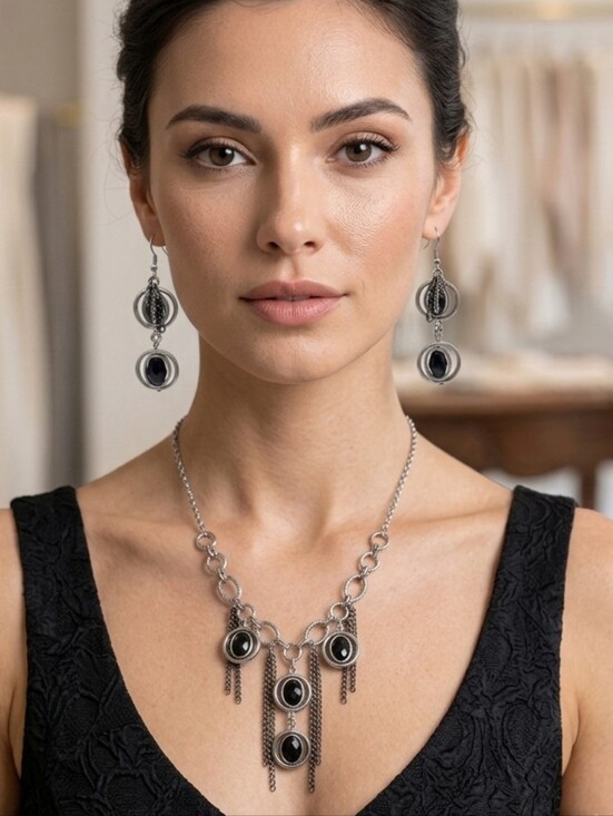crowsgrove Jewelry - Handcrafted Black And Silver Necklace And Earring Set